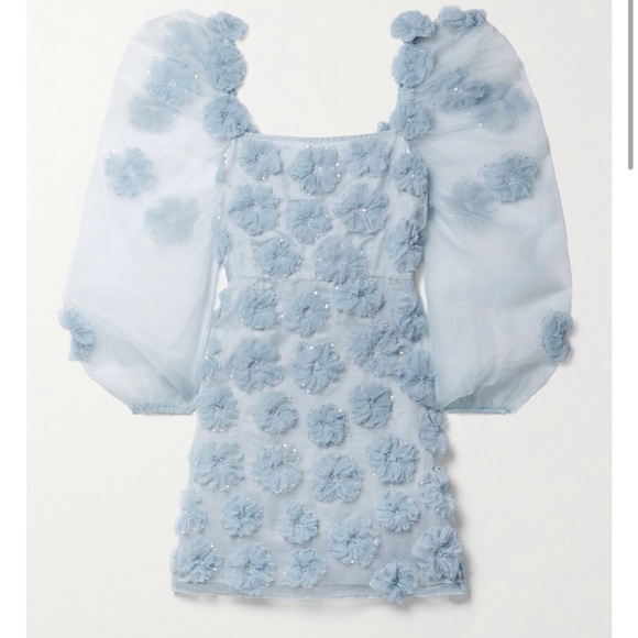 NWT LOVESHACKFANCY Wells appliquéd organza mini dress in blue size 4 - Picture 2 of 12